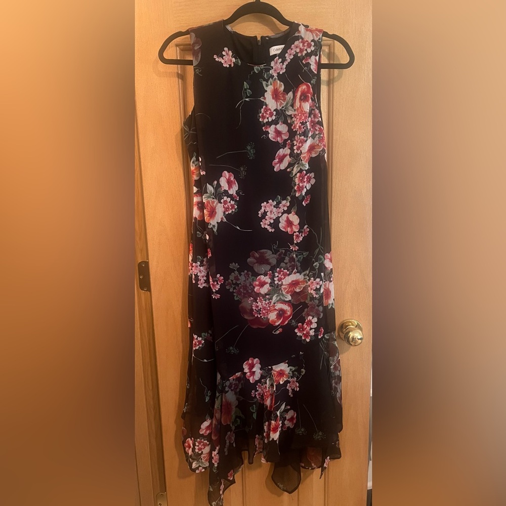 Calvin Klein Sleeveless Midi Handkerchief Hem Floral Dress Summer Wedding Guest